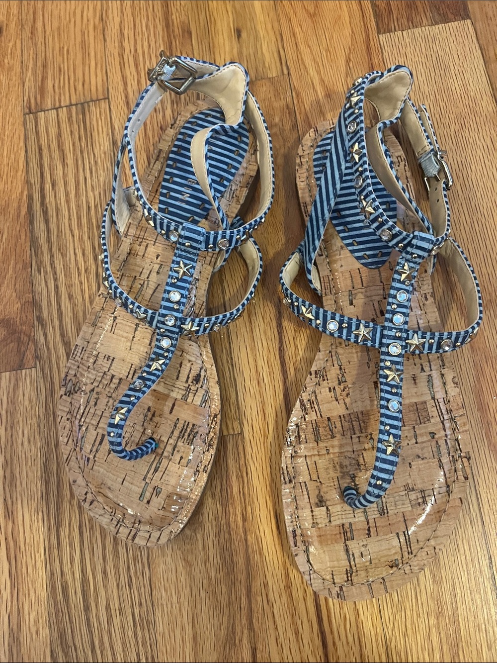 Ganni Blue Striped T‑Strap Studded Sandals